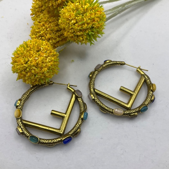 Iconic "F" Logo Hoop Earrings with Multicolored Gemstones - Picture 4 of 7